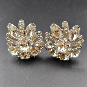 Eisenberg Vintage Rhinestone Clip-On Earrings  Floral Silver-Tone Statement READ